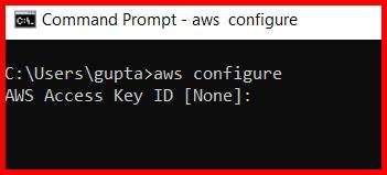 Picture showing the execution of aws configure command